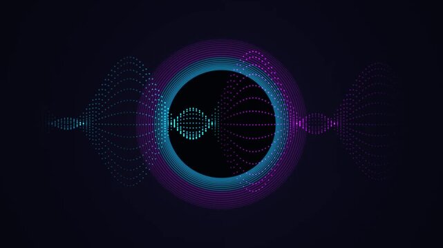 Glowing neon sound wave animation with futuristic glowing digital audio equalizer circular ring