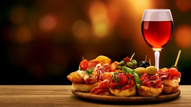 Elegant gourmet tapas experience with assorted flavors and a glass of wine on a rustic wooden table