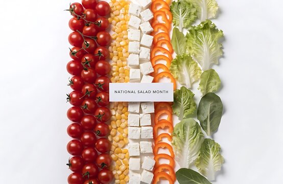 Fresh vegetable stripes featuring tomatoes corn cheese and leafy greens in salad formation cherry flat lay white background vegetables healthy eating nutrition ingredients vegetarian
