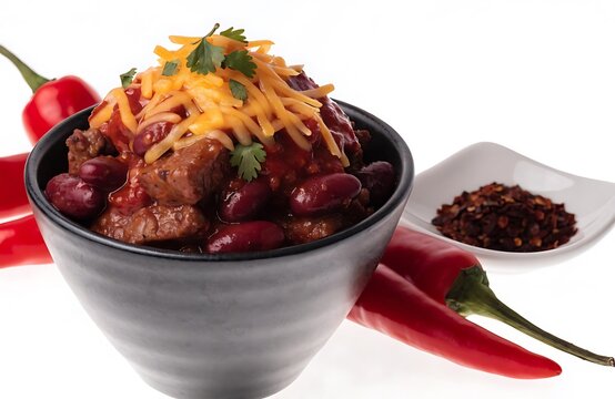 Spicy beef chili con carne with kidney beans and shredded cheddar cheese in a dark bowl white background tex mex casserole delicious restaurant culinary appetizer close up isolated homemade
