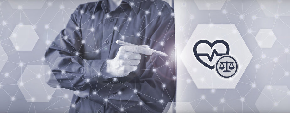 Healthcare law concept illustrated by a person pointing at a heart icon with a medical pulse and scales of justice, representing legal regulations and patient rights in medicine