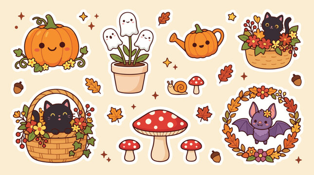 Halloween stickers set featuring cute vector illustrations of pumpkins black cats and smiling ghosts