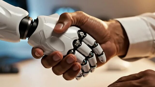 Robotic handshake, symbolizing futuristic partnership: A close-up shot captures a human hand firmly shaking a robotic hand.