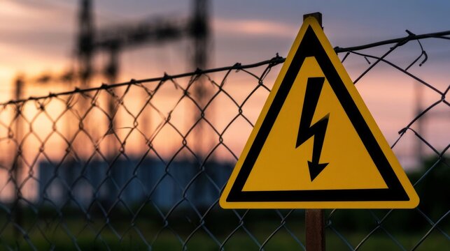 Warning Sign Indicating High Voltage Risk at Industrial Workplace with Sunset Background