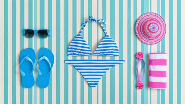 Summer Flat Lay Featuring Bright Sunglasses, Swimwear, Beach Accessories, and Relaxing Items