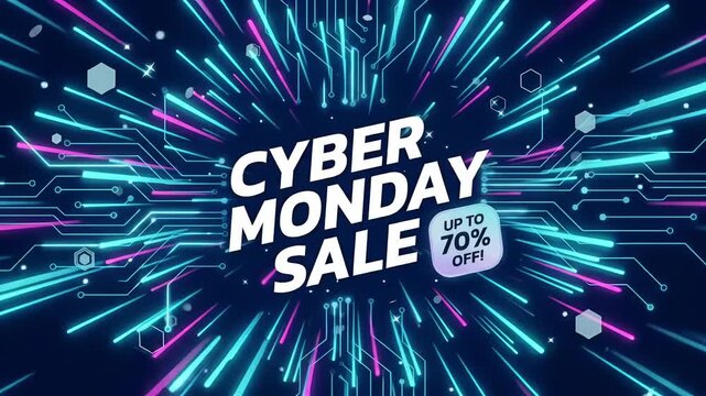 Cyber Monday sale 70% off promo banner motion graphic loop with energetic neon light beams bursting through digital circuit board
