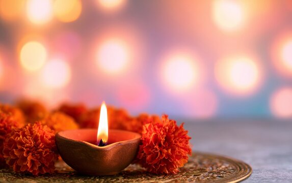 Festive Still Life with Traditional Diya and Marigold Flowers for Celebration and Home Decor