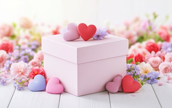 Romantic Gift Box Surrounded by Beautiful Flowers and Colorful Hearts for Special Occasions