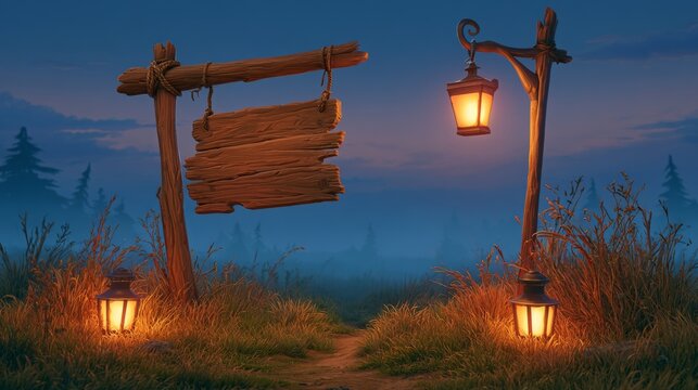 Rustic Halloween Display with Lanterns and Wooden Sign in a Mysterious Landscape at Dusk