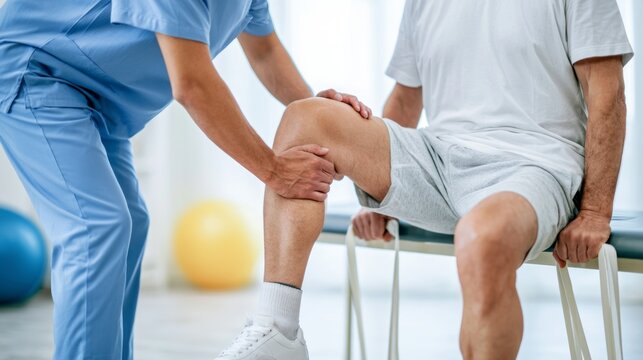 Physical Therapy Session with Therapist Assisting Patient in Knee Rehabilitation Exercise