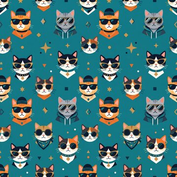 Stylish Swag Cats in Sunglasses Seamless Vector Pattern