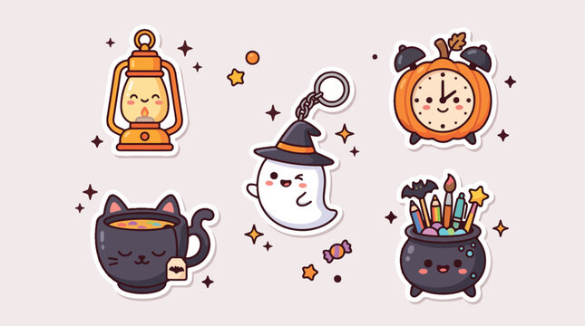 Halloween stickers collection with cute kawaii ghost pumpkin clock lantern and magical cauldron illustrations