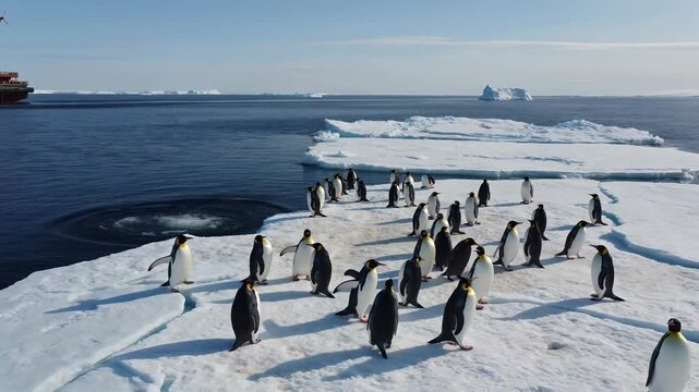 Low flyover of flightless seabirds leaping off a drifting pack into frigid waves while a chopper circles a heavy hull breaking a channel at the bottom of the world