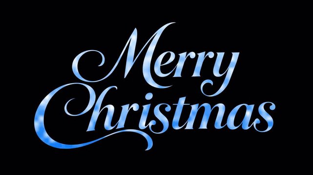 Merry Christmas icy blue script text animation with ink drop reveal, bounce and frosty shimmer. Alpha channel transparent background, ideal for winter holiday greetings and Christmas intros.