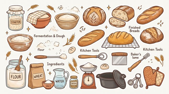 Hand-drawn sourdough baking infographic featuring starter, flour, tools, Dutch ovens, and artisan loaves, illustrating fermentation, craftsmanship, culinary tradition, and rustic baking.