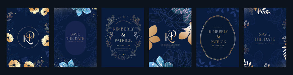 Fototapeta na wymiar Luxury invitation card design vector set. Elegant wedding card with botanical flower decorative on navy blue background. Design illustration for cover, poster, gala.