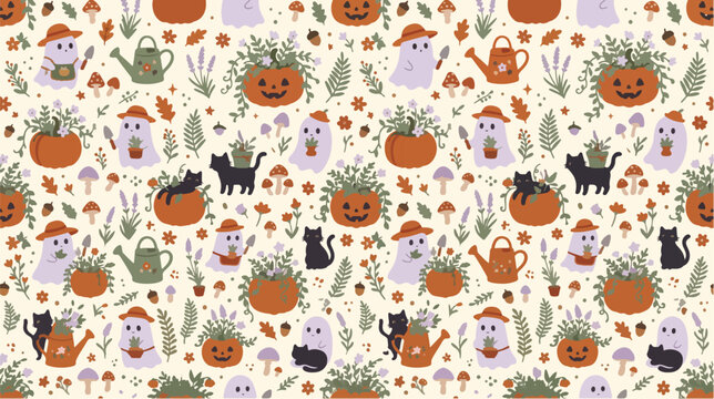 Seamless vector pattern featuring cute Halloween ghosts, spooky pumpkins, black cats, and botanical elements