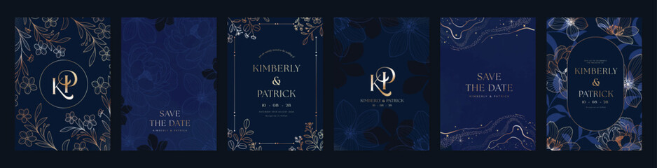Plakat Luxury invitation card design vector set. Elegant wedding card with botanical flower decorative on navy blue background. Design illustration for cover, poster, gala.