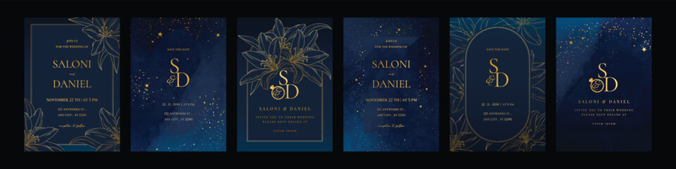 Fototapeta na wymiar Luxury invitation card design vector set. Elegant wedding card with botanical flower decorative on navy blue background. Design illustration for cover, poster, gala.