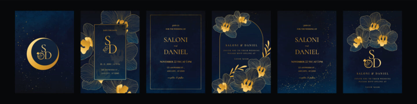 Luxury invitation card design vector set. Elegant wedding card with botanical flower decorative on navy blue background. Design illustration for cover, poster, gala.