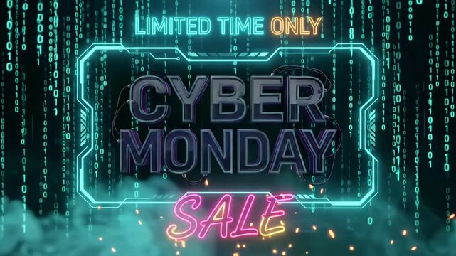 Cyber Monday sale futuristic matrix loop featuring 3D metallic typography and glowing HUD frame with digital binary rain data streams
