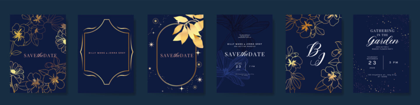 Luxury invitation card design vector set. Elegant wedding card with botanical flower decorative on navy blue background. Design illustration for cover, poster, gala.