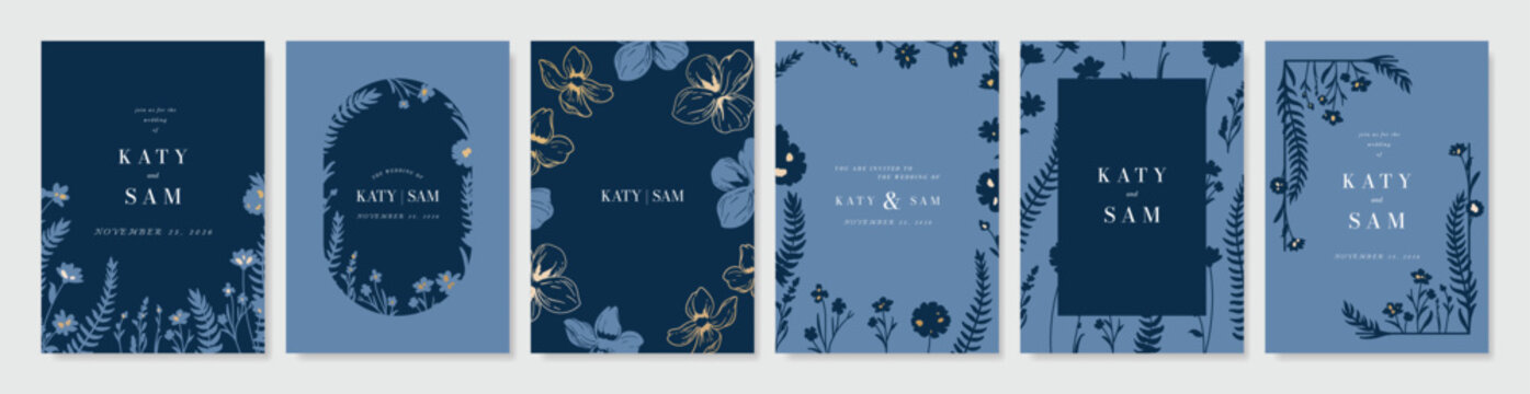 Luxury invitation card design vector set. Elegant wedding card with botanical flower decorative on navy blue background. Design illustration for cover, poster, gala.