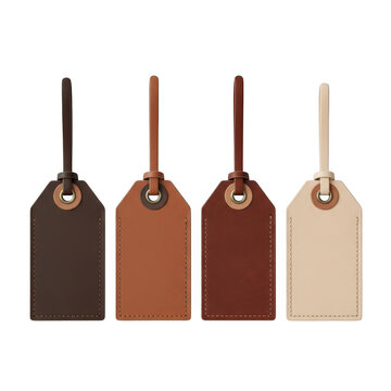 Four blank leather price tags or gift labels with strings in various brown shades isolated on transparent background