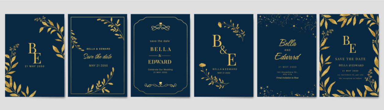 Luxury invitation card design vector set. Elegant wedding card with botanical flower decorative on navy blue background. Design illustration for cover, poster, gala.