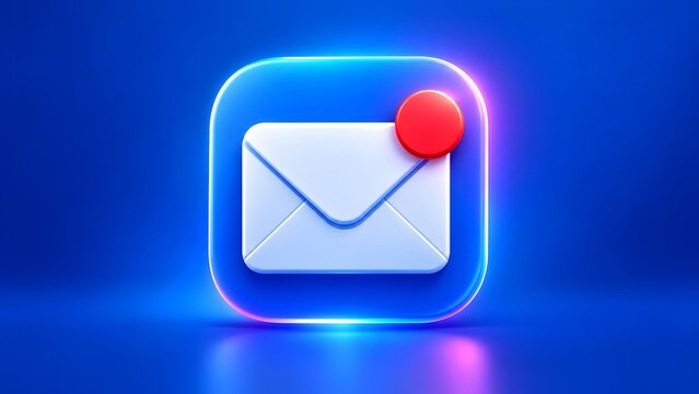 3D glowing blue email envelope icon with red notification dot representing new message alert and digital communication concept