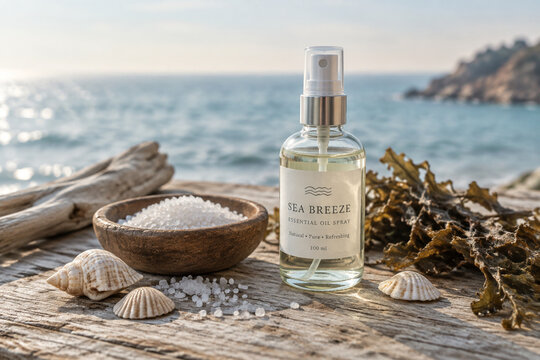 A clear glass bottle, sea salt, and shells on a weathered wooden table.