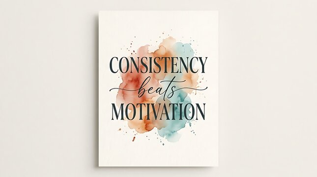 Inspirational quote typography poster featuring consistency beats motivation text on watercolor