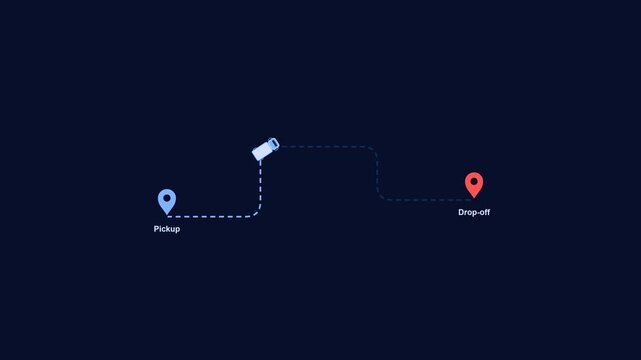 Truck following animated route with pickup and drop-off location pins on dark blue background.