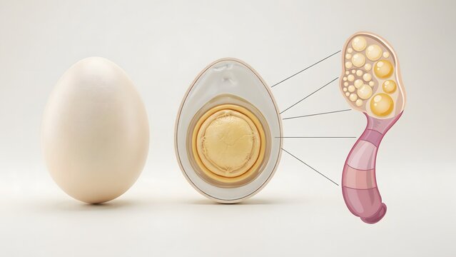 Diagram showing the structure of a birds egg and ovary development, isolated on white background