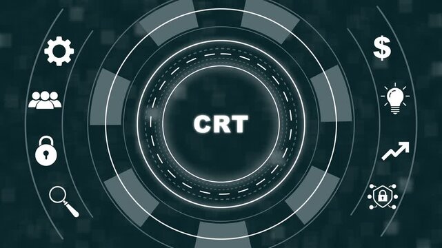 Digital crt technology concept featuring animated circular hud interface with business and data analytics symbols for modern corporate presentations, tech infographics, and software ui