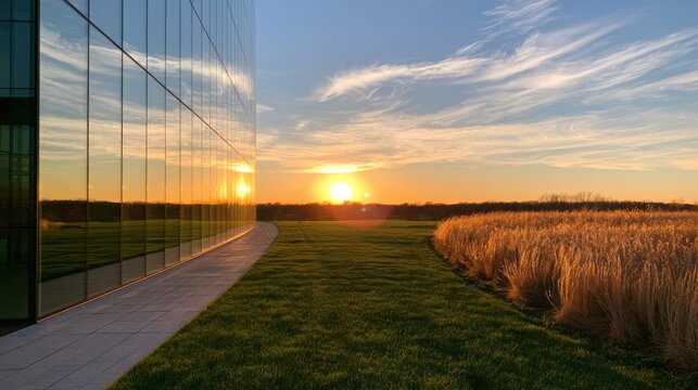 Modern building exterior reflects a vibrant sunset over a grassy landscape