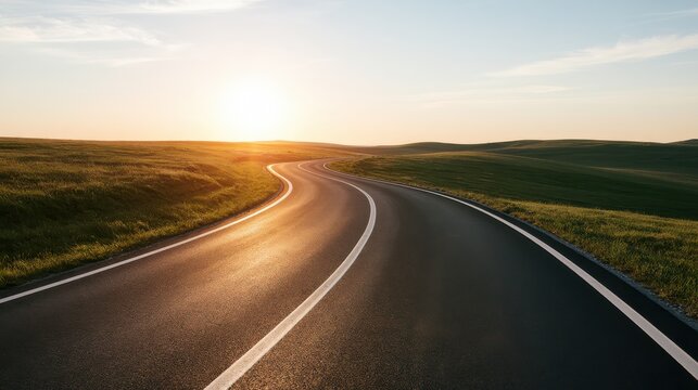Curving asphalt road stretches through rolling hills at sunset roadway