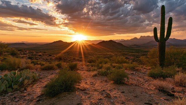 Desert landscape with saguaro cactus at sunset golden light and mountainous horizon
