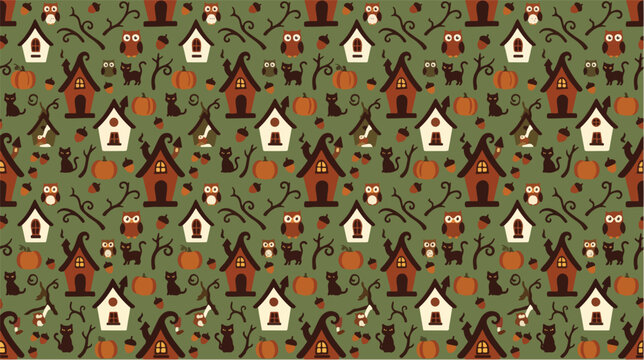 Halloween seamless pattern vector illustration with cute spooky houses owls cats and pumpkins