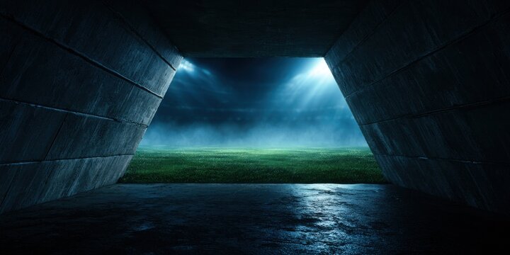 Stadium tunnel opening to a brightly lit green field dramatic perspective