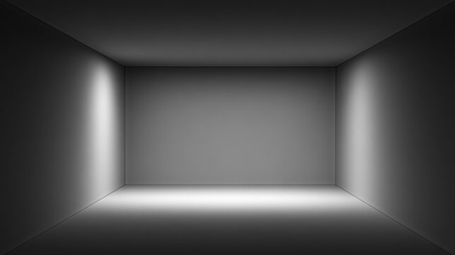 Empty room interior with gray walls and bright lighting creates a stark setting