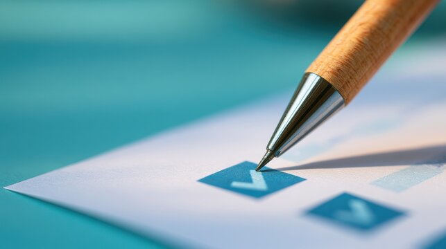 Ballpoint pen poised above a checkbox on a printed form close up