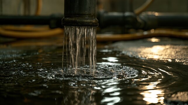 Water flows from a black pipe into a pool creating circular ripples