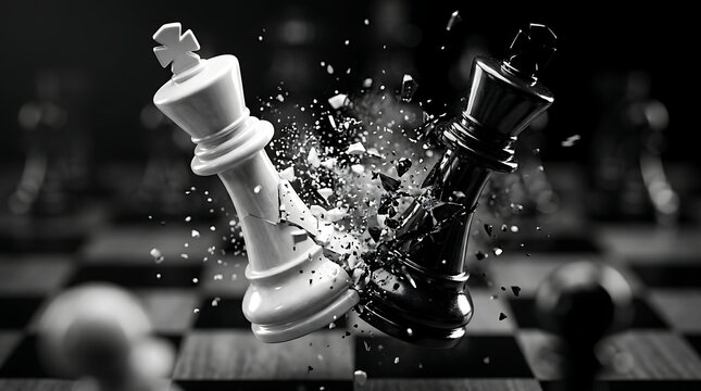 Chess pieces colliding with dramatic explosion on a dark checkered board black and white strategy