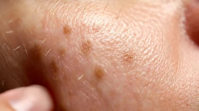 Close-up of Sun Spots on Human Skin: A macro shot reveals the texture of human skin, highlighting the presence of sun spots or freckles.