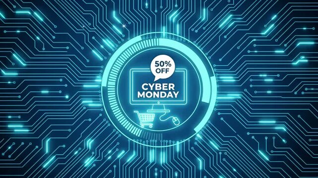 Cyber Monday 50% off sale HUD motion graphic loop with glowing neon computer icon over futuristic blue circuit board background
