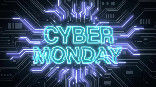 Cyber Monday glitch neon text motion graphic loop with glowing blue typography and RGB pixel distortion over circuit board background
