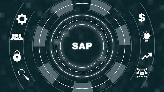 Sap enterprise software digital interface concept featuring animated hud data analytics corporate management solutions, cloud computing infrastructure, and modern business technology