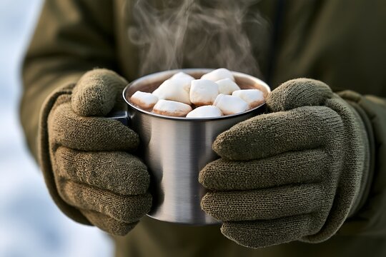 Hands in knitted mittens holding metal mug with steaming hot chocolate and marshmallows in winter