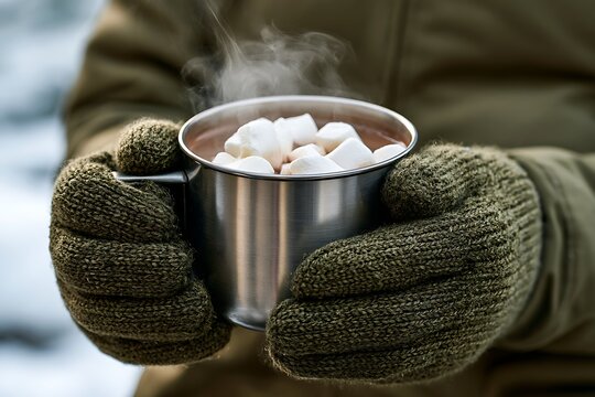 Hands in knitted mittens holding metal mug with steaming hot chocolate and marshmallows in winter